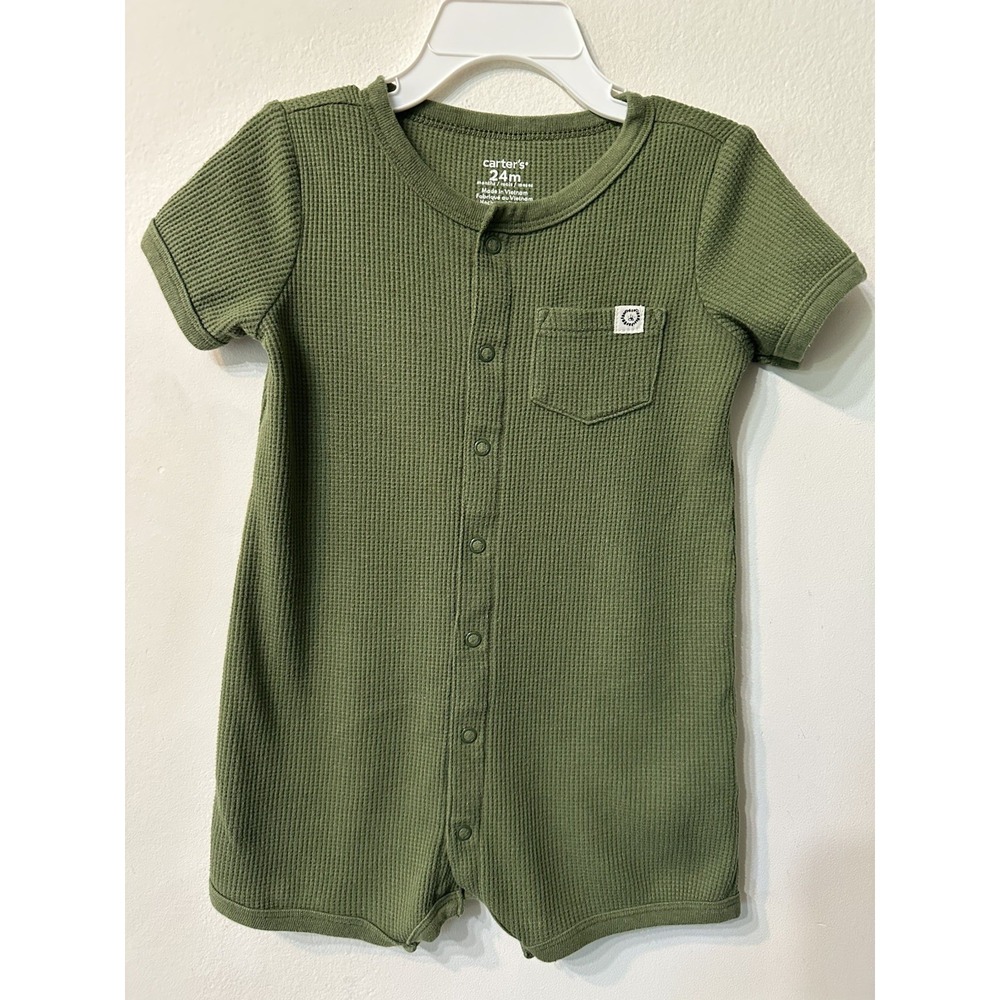 Carter's Baby Boy 24M Waffle Knit Romper Olive Green Short Sleeve Snap One Piece